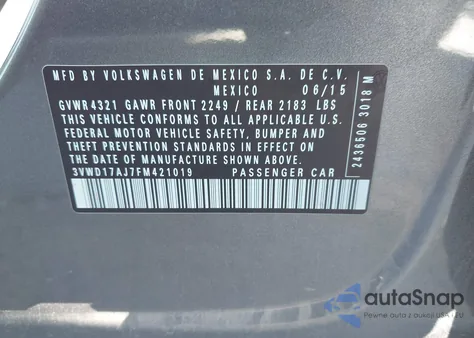 2015 Volkswagen Jetta 1.8T Sport z USA, uszkodzony, nr VIN 3VWD17AJ7FM421019